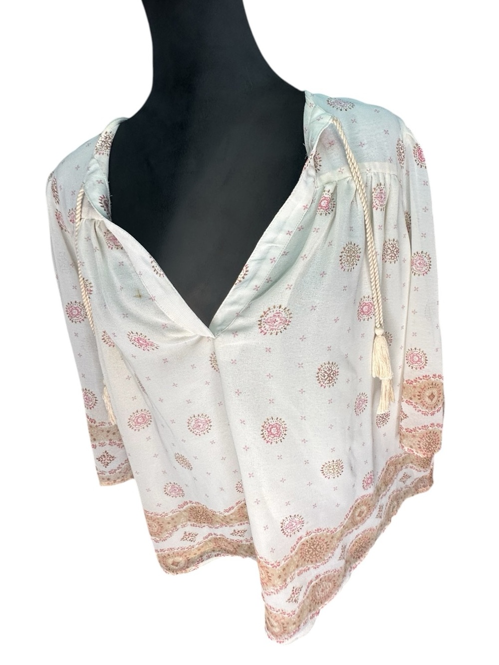 H&M Puffed Sleeve Blouse with Tassel Neck Detail – Size 6